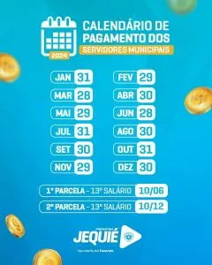 Prefeitura de Jequié torna público calendário anual de pagamento 2024 dos servidores municipais
